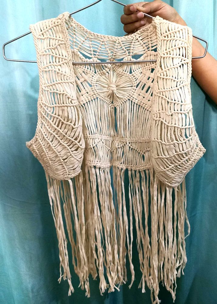 Boho Style Cream Colour Crochet Crop Top For Girls
