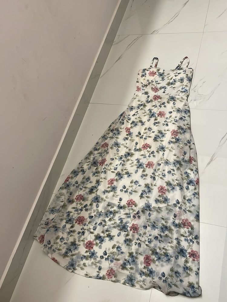 White Floral Print Padded Maxi Strap Dress