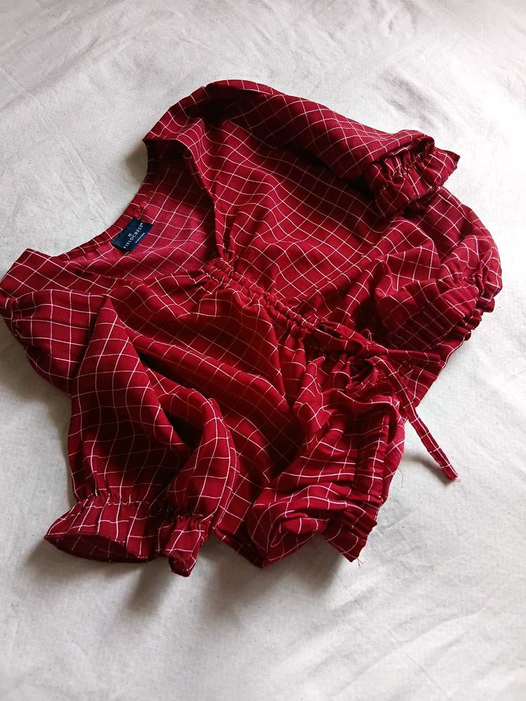 Cherry Red Checkered Drawstring Crop Top