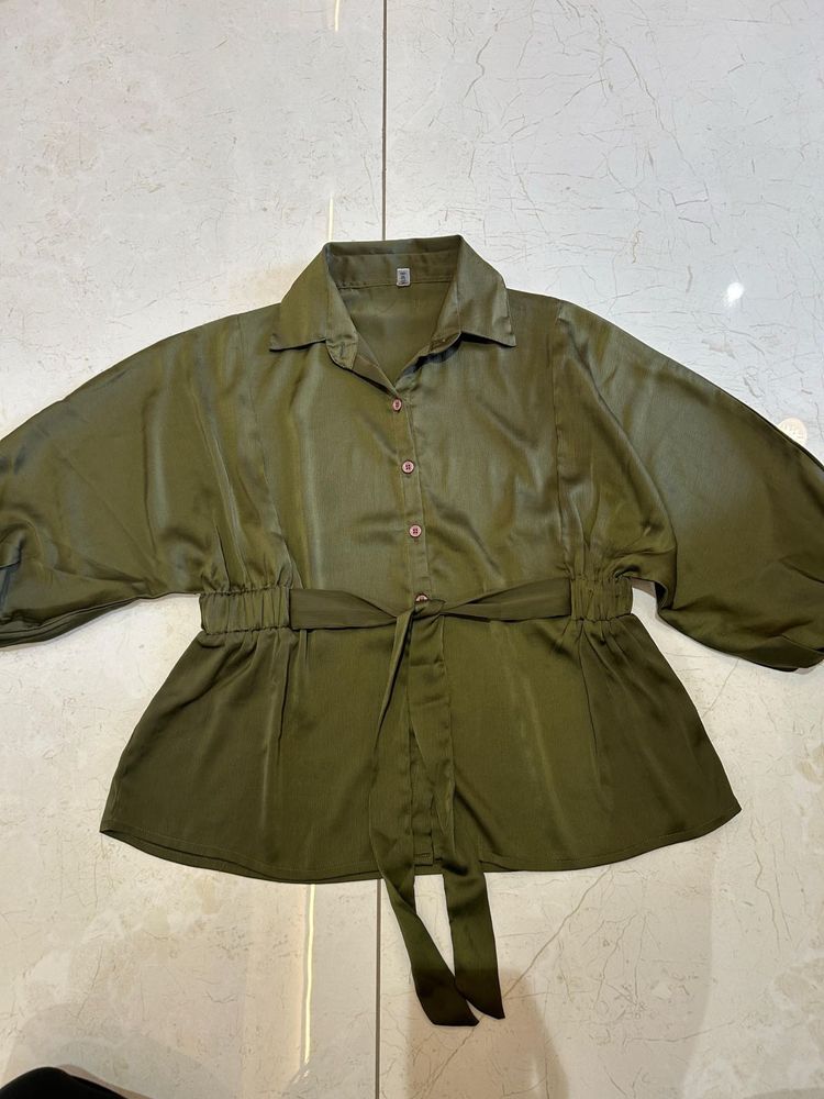 Olive Green Tie-Waist Blouse Top