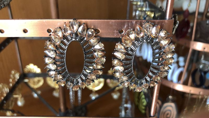 Champagne Stones Studded Oval Oversized Studs