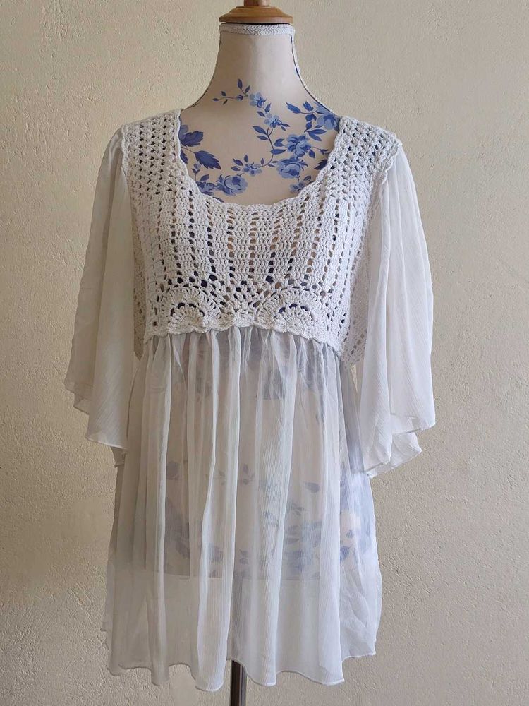 White Crochet Detail Top