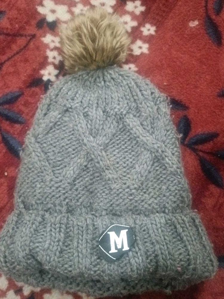 Gray Knit Beanie with Pom