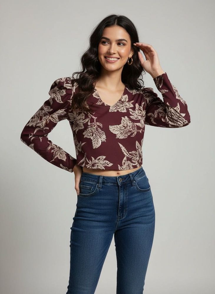 SASSAFRAS Floral Print Long Sleeve Crop Top