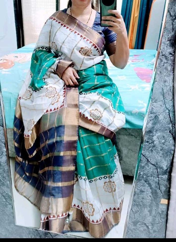 new zari Checked batik hand block print Saree