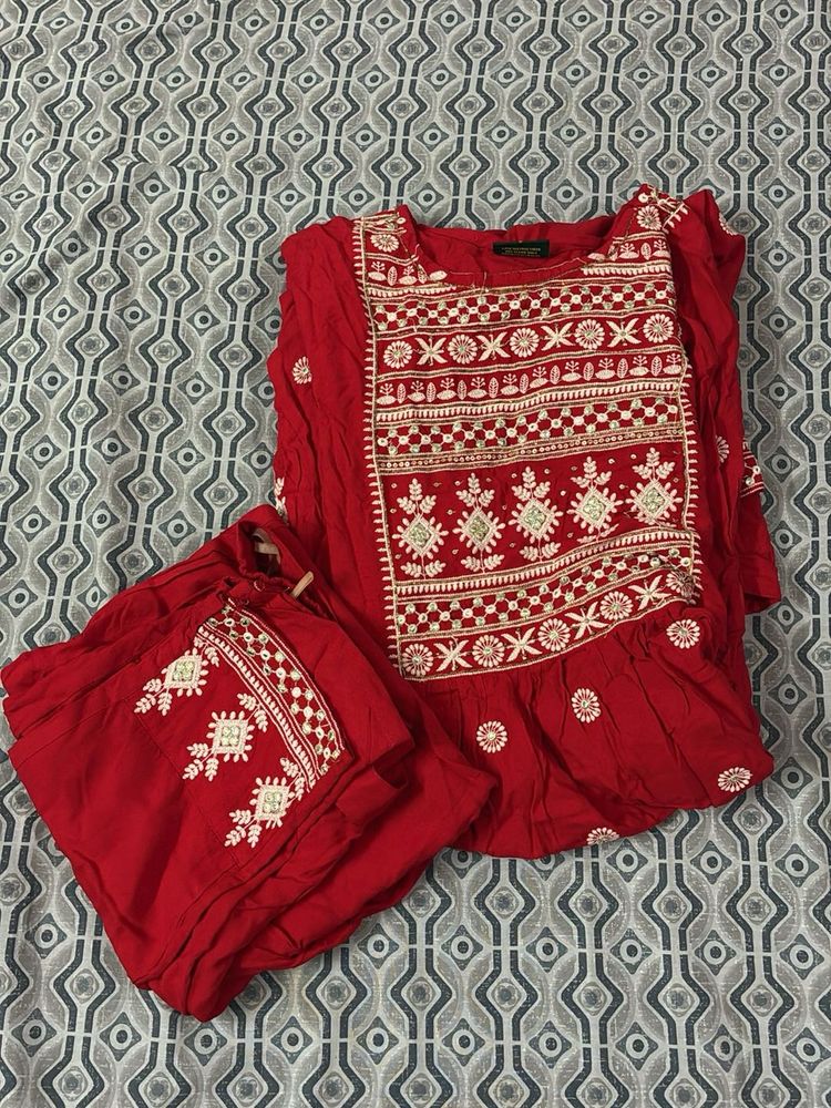 Red Embroidered Kurta Set