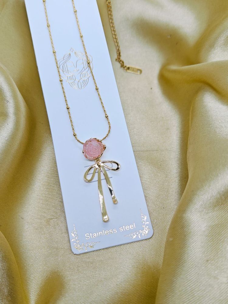 Anti Tarnish Rose Bow Golden Necklace