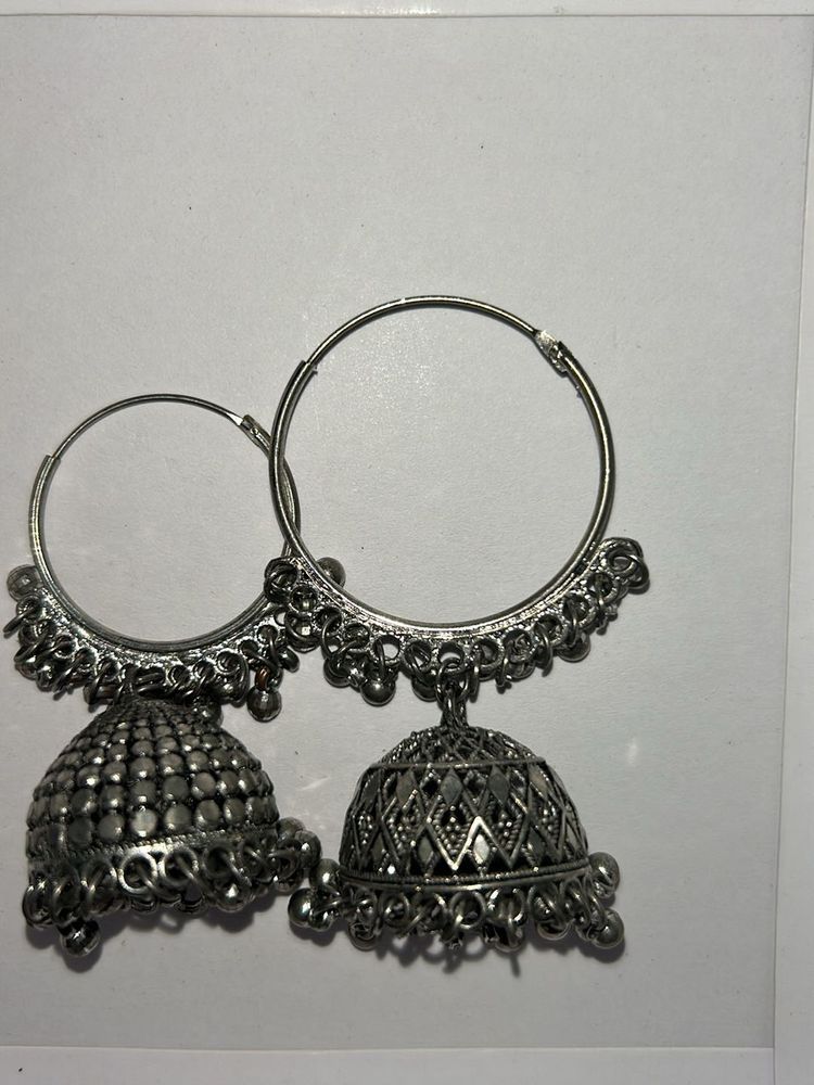 Silver Tone Jhumka Hoop Earrings