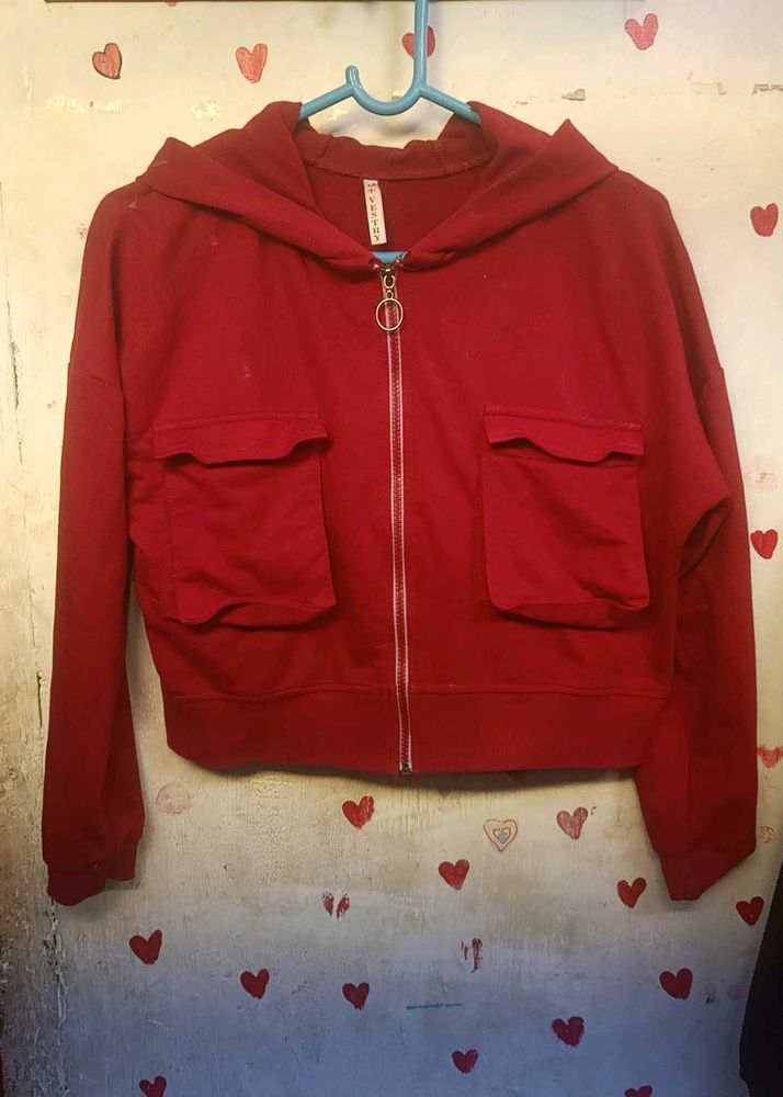 Red Zip-Up Hoodie.Cool and great for layering over