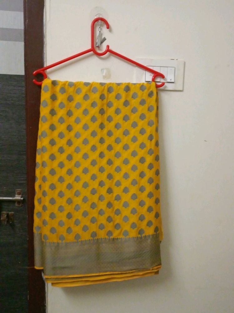 New Saree Yellow In Colour With Blouse Piece Unused