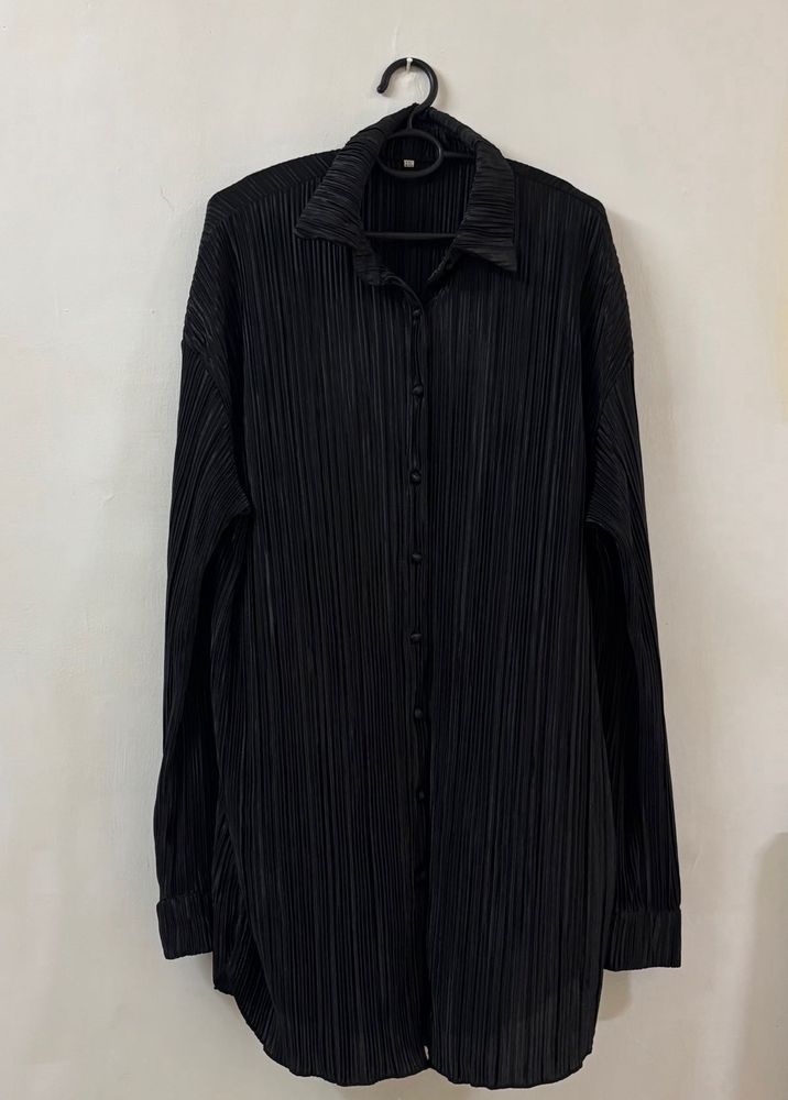 Black Pleated Button-Down Shirt