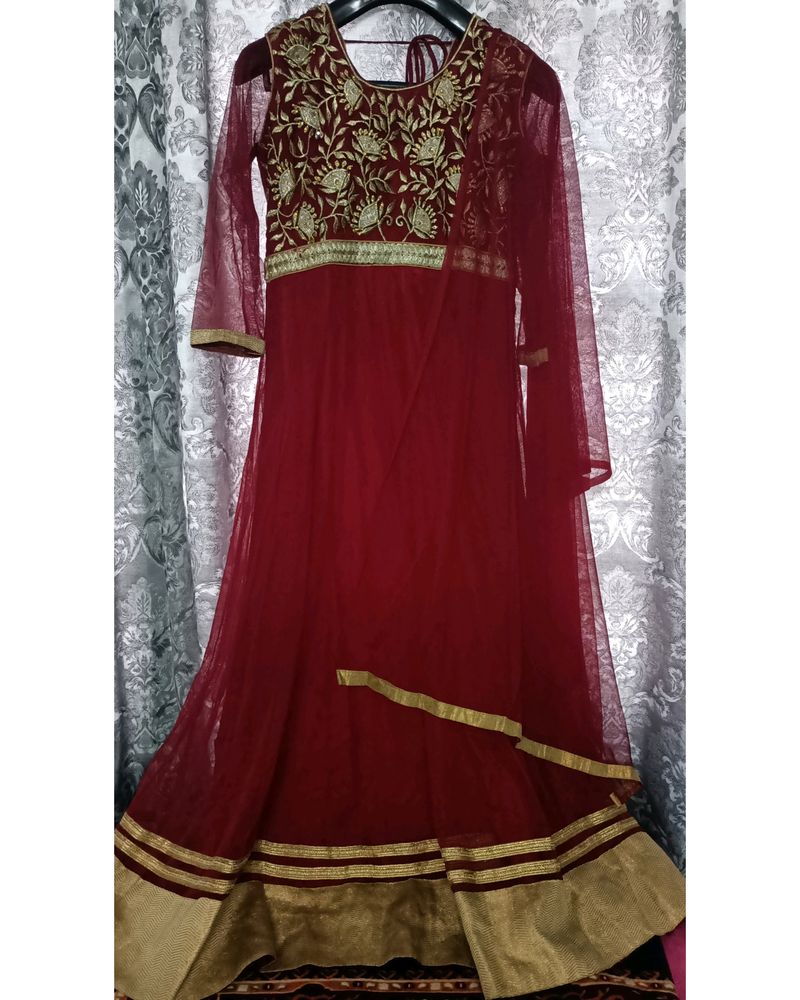 Elegant Maroon &amp; Gold Anarkali Dress