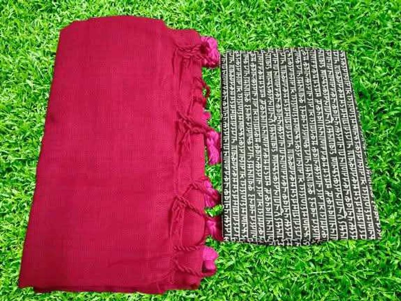 Hot Pink Mulmul Saree with Printed Blouse Piece