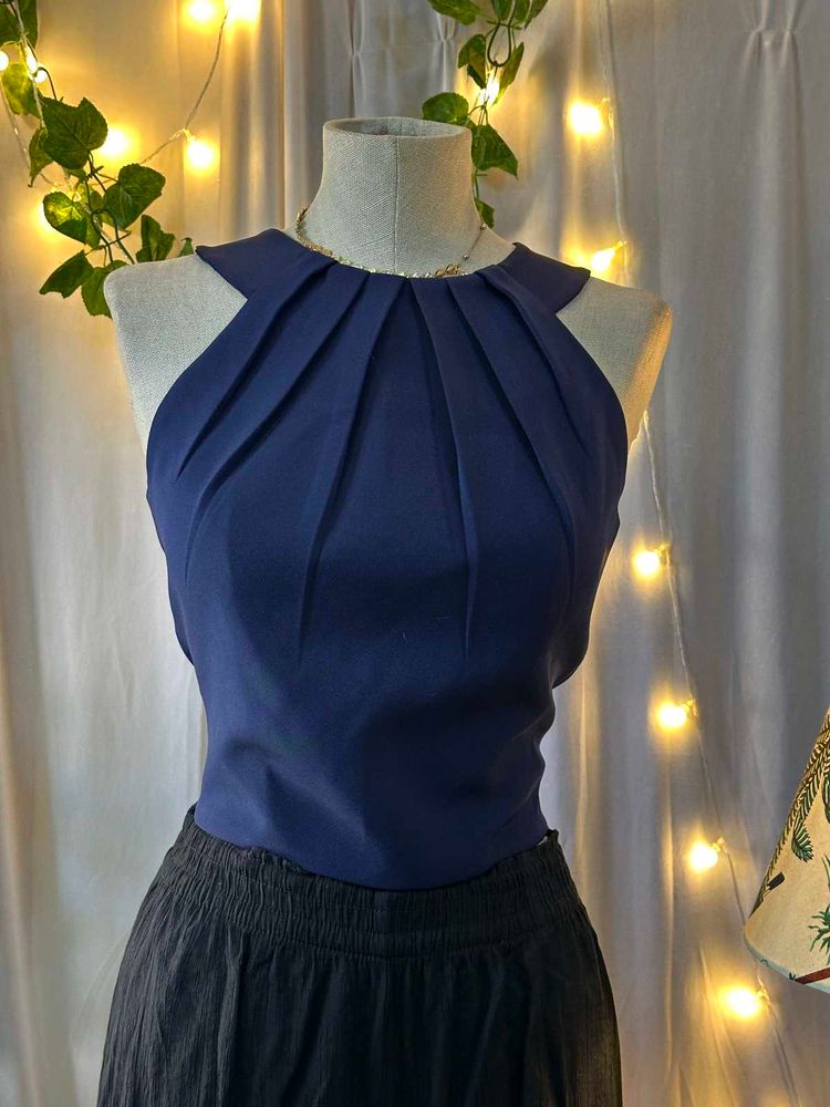 Navy Pleated Halter Top