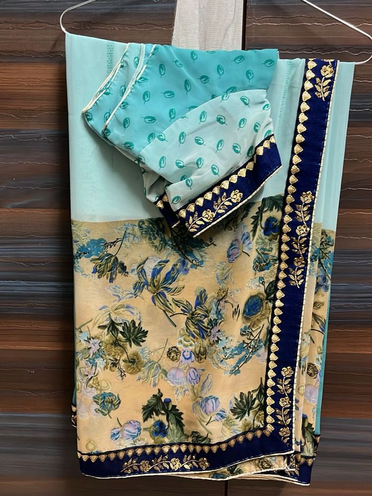 sea green with blue shade flower print saree wit
