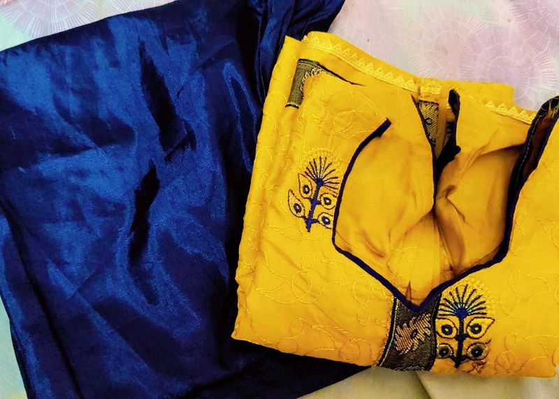 Yellow And Navy Blue Kurth Set