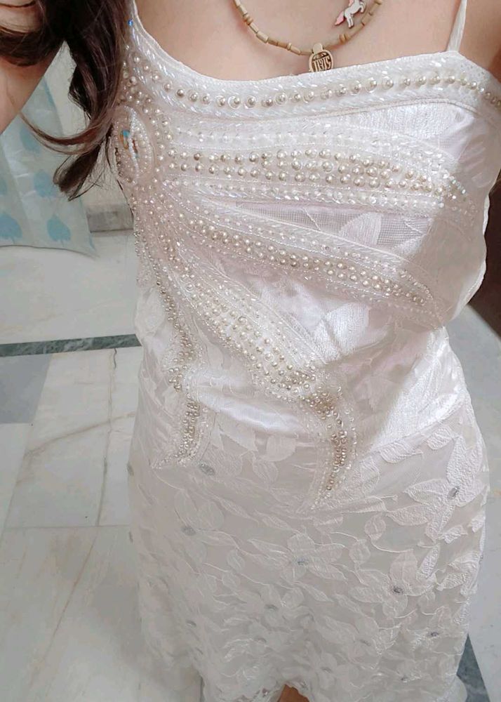 Elegant White Pearl Embellished Dress