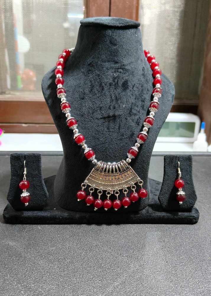 Tibetan silver &amp; red Pendant Necklace &amp; Earrings J
