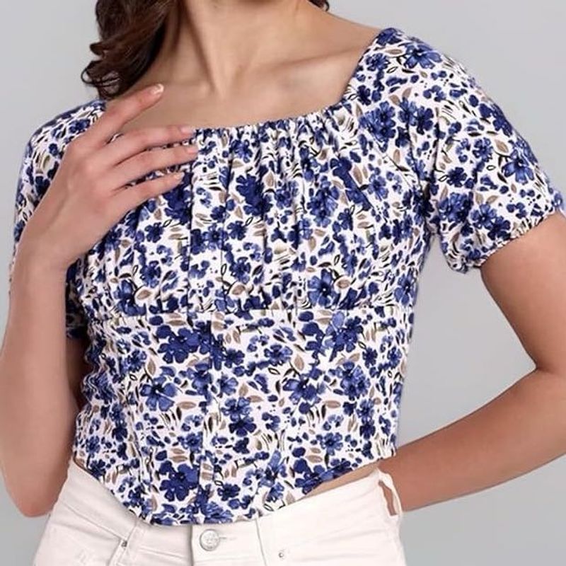 Floral Printed Puff Sleeves Crop Top