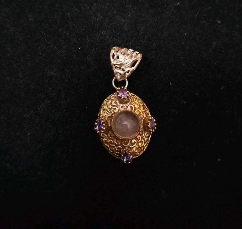 Gold Tone &amp; Rose Quartz Stone Victorian Pendent
