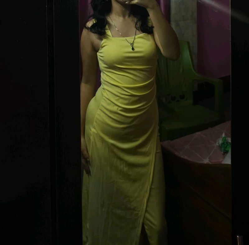 yellow drapped square neck dress