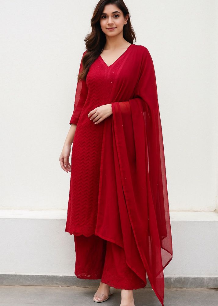 Red Chikankari Set Of 3
