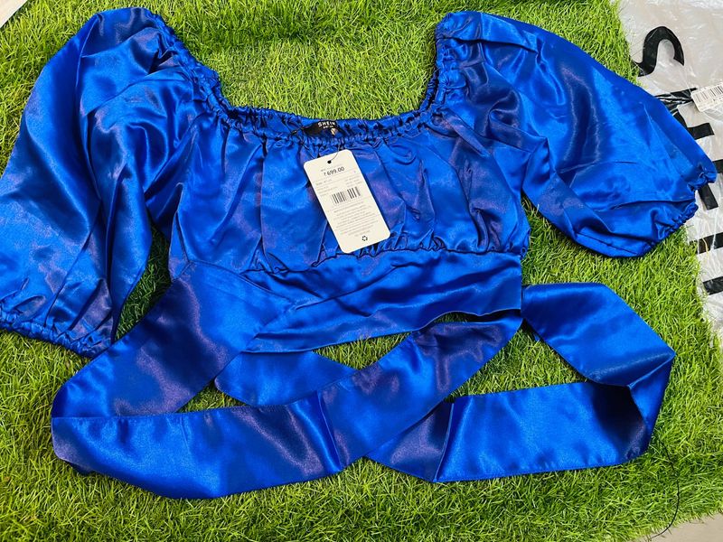 Blue Satin Crop Top M Size