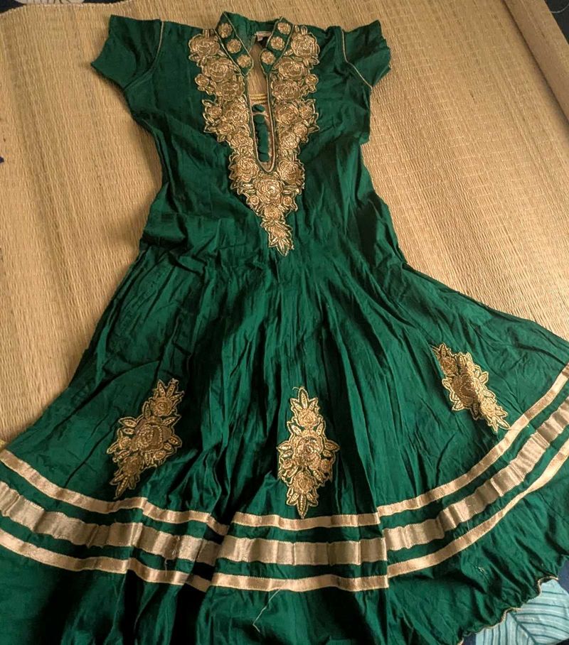 Green &amp; Gold Embroidered Anarkali