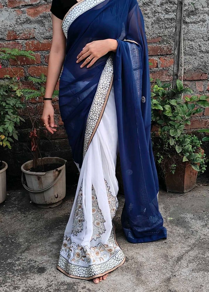 Elegant Blue &amp; White Saree