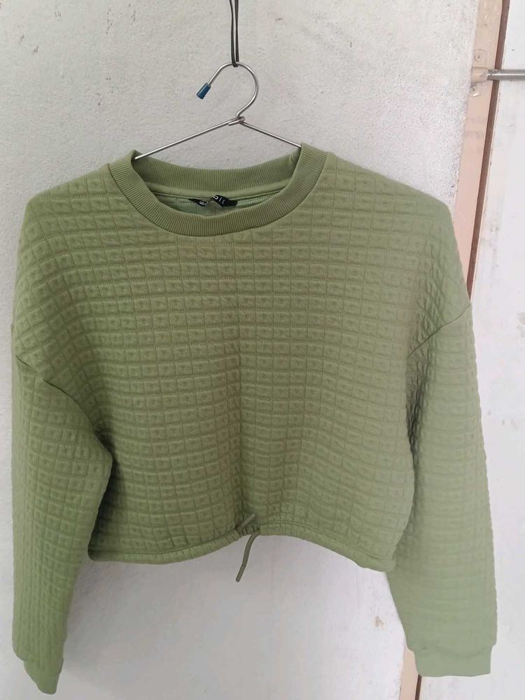 Green Cropped Textured Sweatshirt