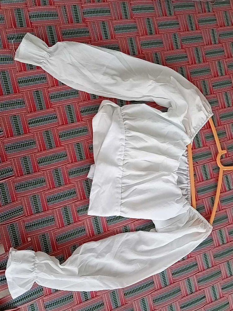 White Crop Top - Long Balloon Sleeves