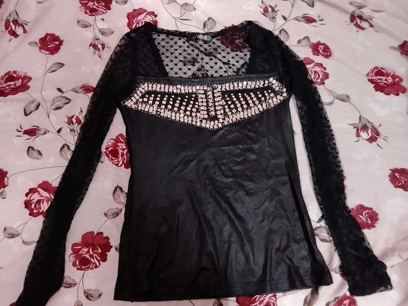 Black Embellished Long Sleeve Top