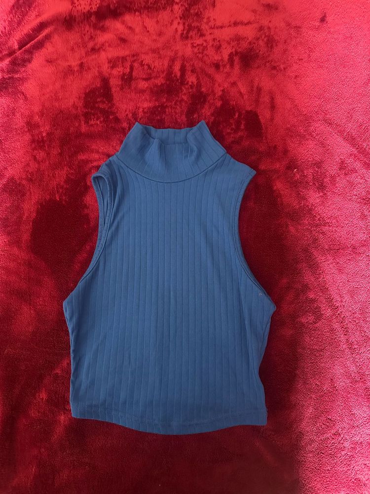 Blue Ribbed Mock Neck Top