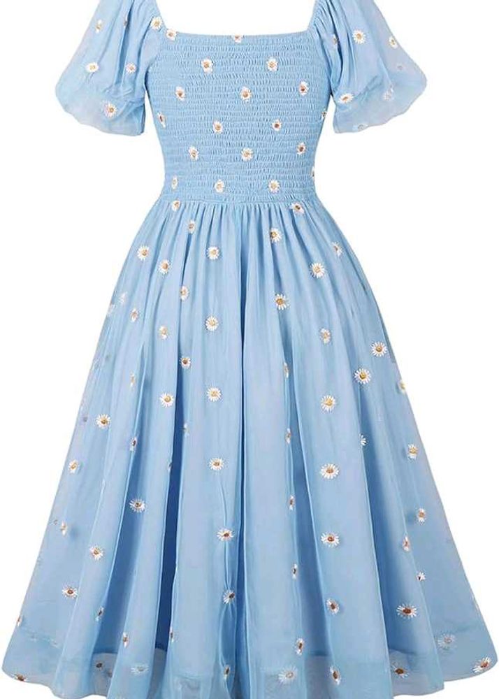 cute embroidery daisy puffed sleeves dress 🎀