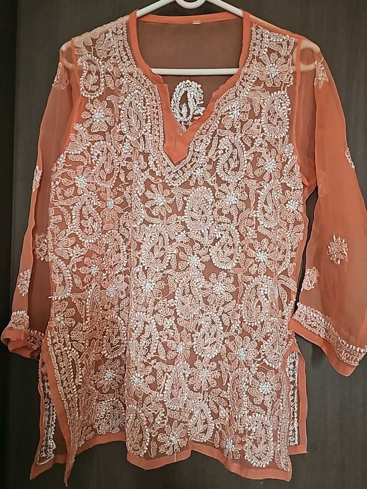 Peach Chikankari Net Kurta