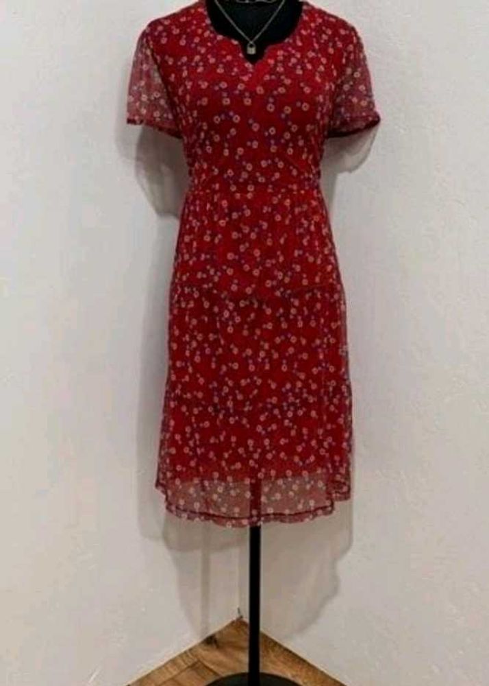 Red Floral Print Midi Dress