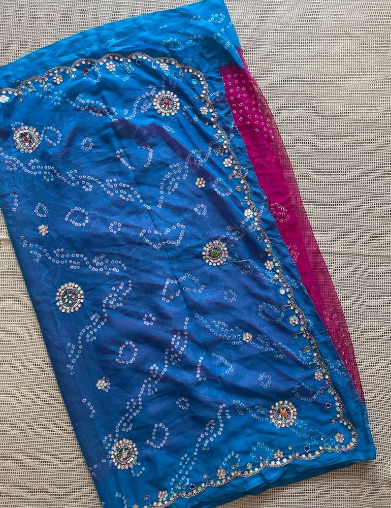 Blue And Pink Bandhani Heavy Saree