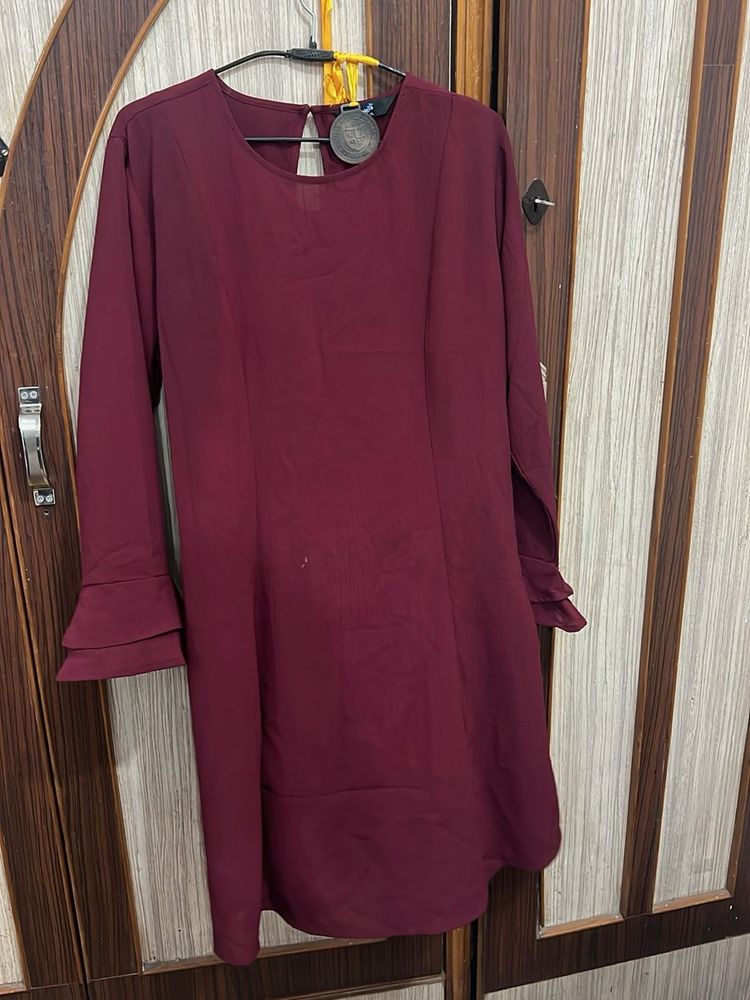 Burgundy Dress with Ruffle Sleeves