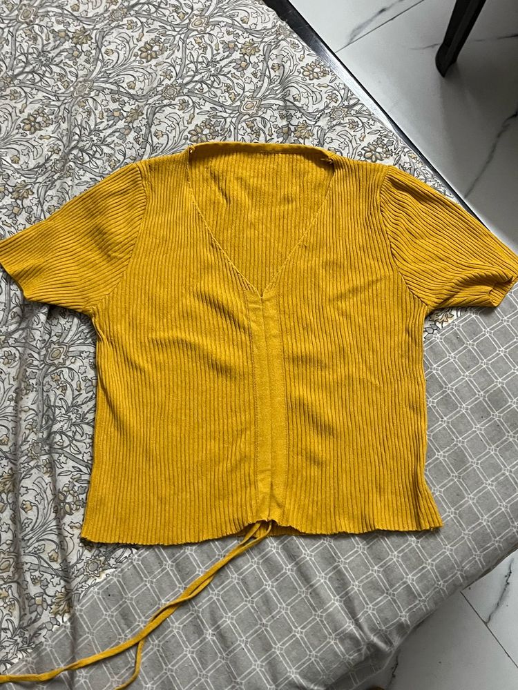 Yellow Ribbed Tie-Front Top