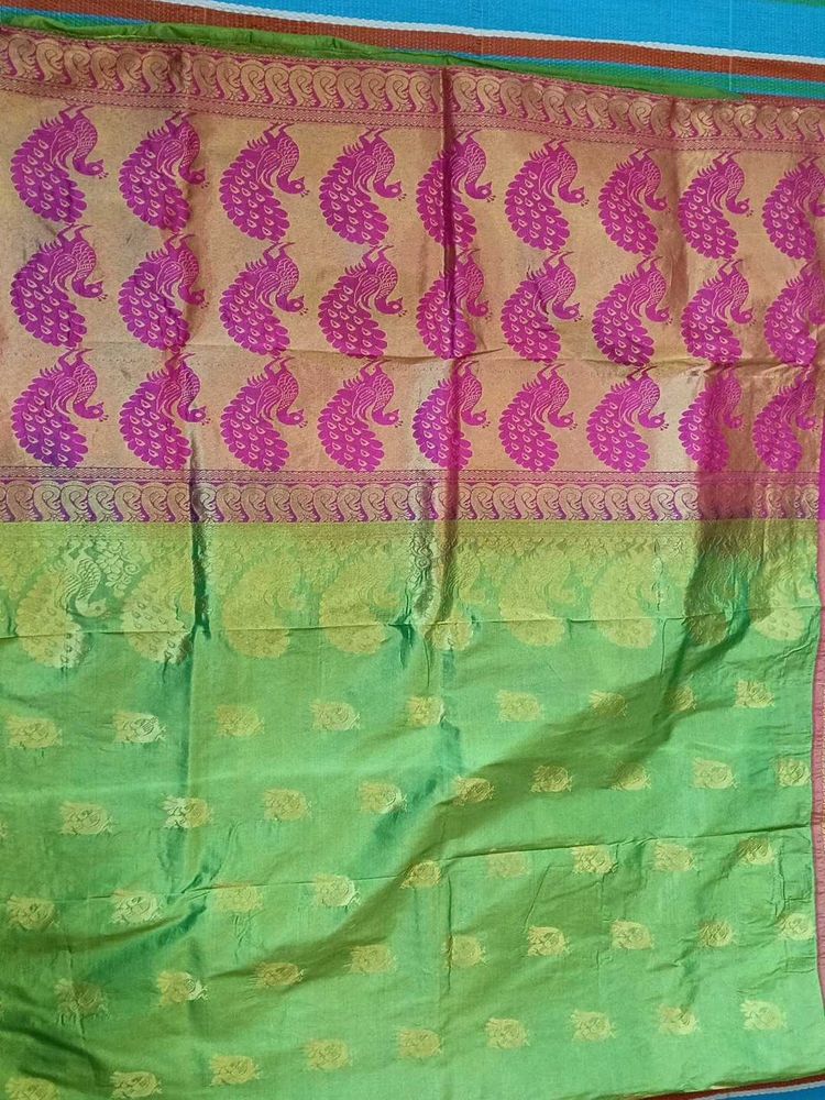 Elegant Green &amp; Pink Peacock Saree