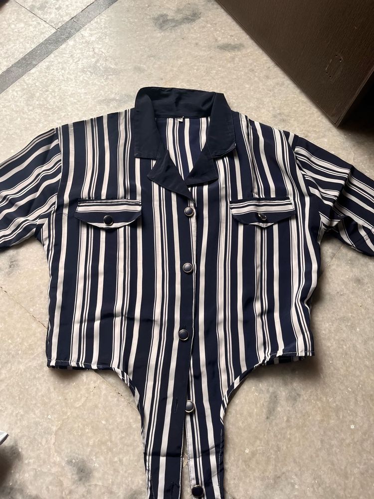 Bkue and white Striped Button-Down Top