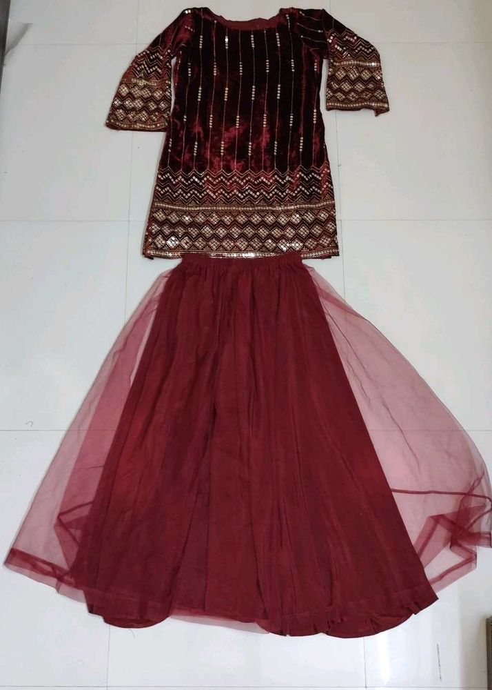 Elegant Maroon Velvet Embellished With Net Plazo