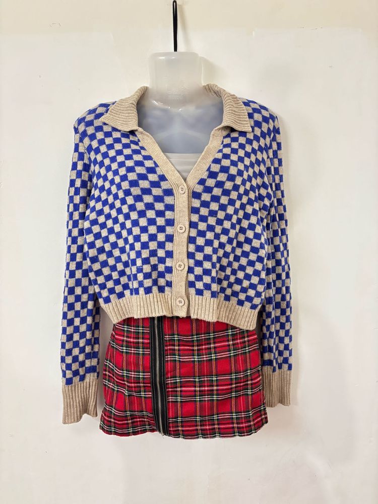 Checkered Knit Cardigan