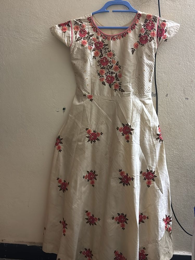 Long Frock Beige Color Festive Wear