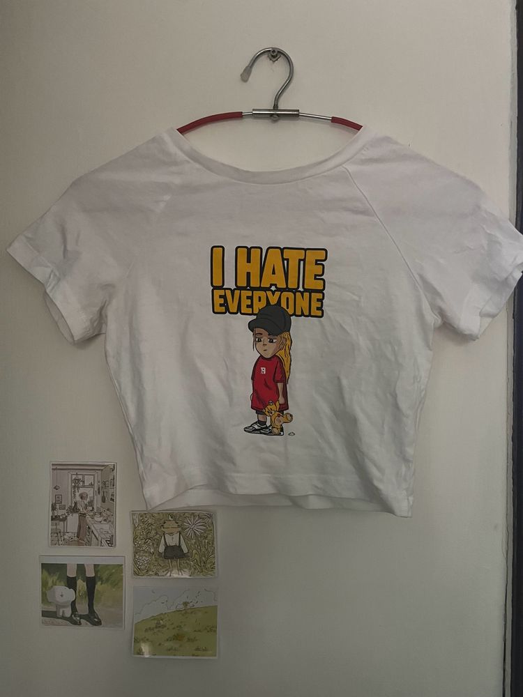 Bonkers ‘I hate Everyone’ printed white crop top
