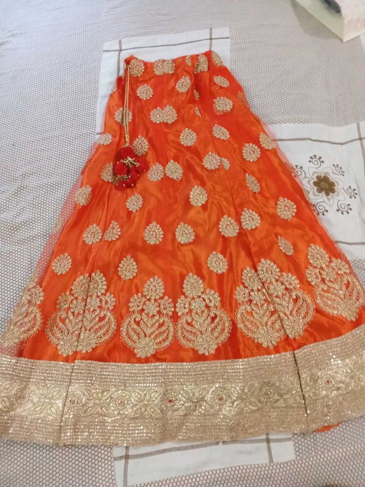 Orange &amp; Gold Embroidered Lehenga Skirt