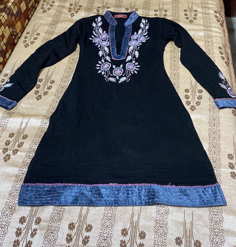Jet Black Wollen Kurta With Embroidery