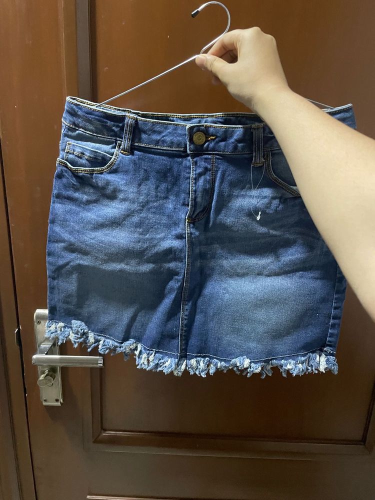Denim Mini Skirt with Frayed Hem