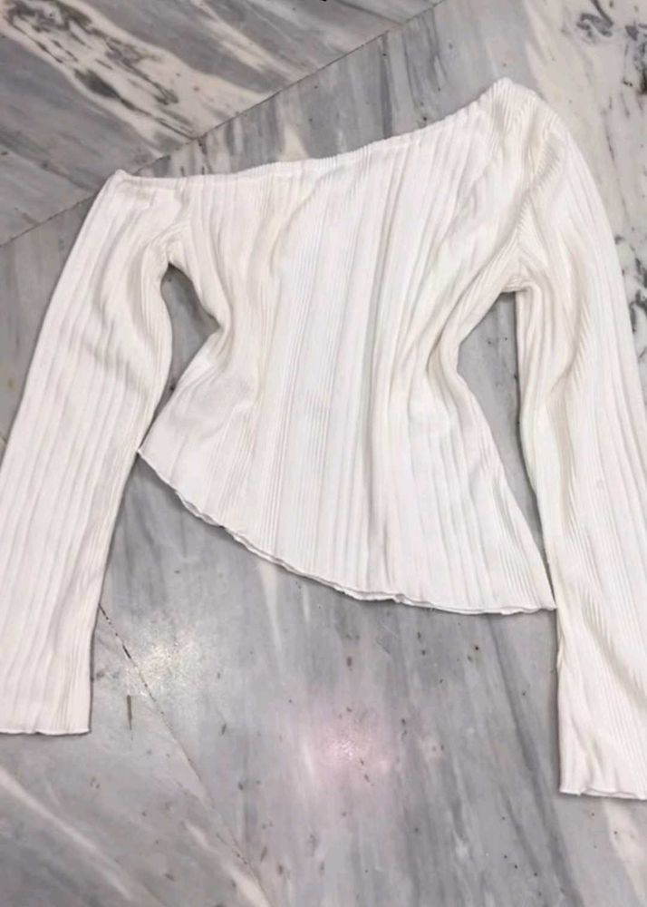 New SAVANA White Off-Shoulder Ribbed Top