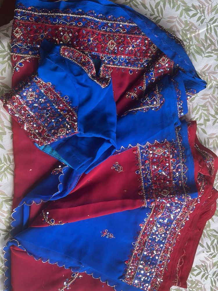 Red &amp; Blue Sequins &amp; Embroidered Saree